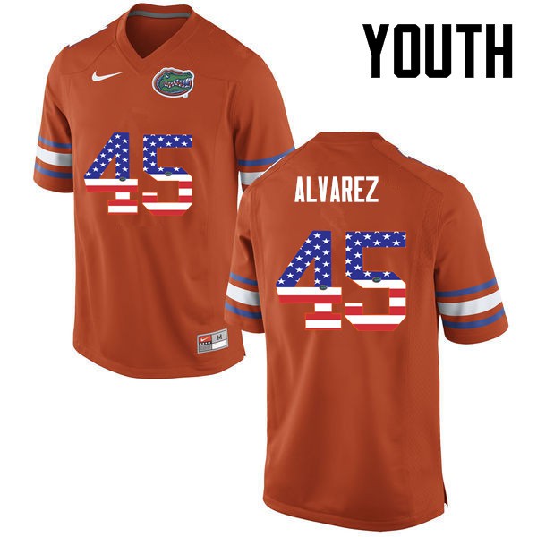 Florida Gators Youth #45 Carlos Alvarez College Football USA Flag Fashion Orange